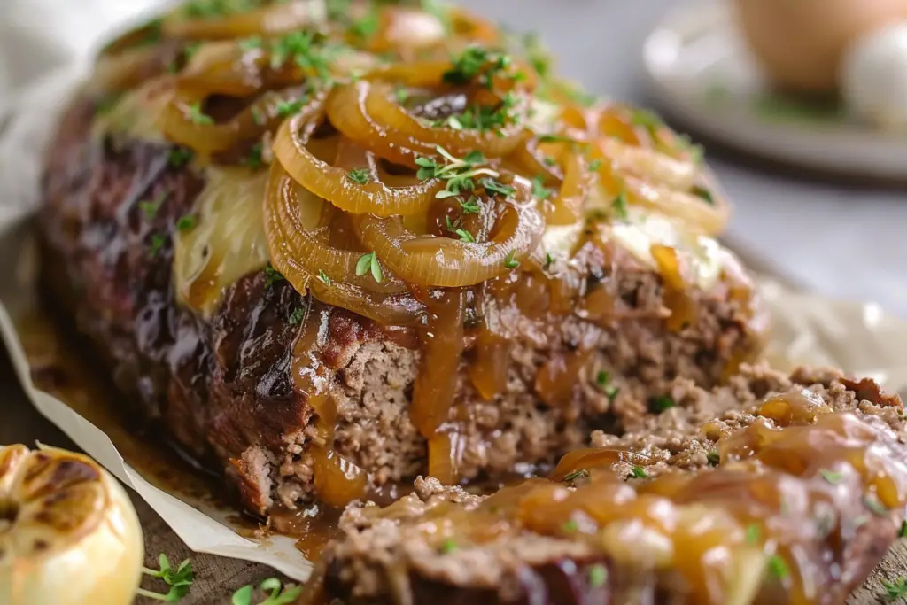 Crockpot French Onion Meatloaf and Melted Swiss Cheese