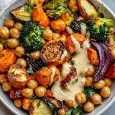 Roasted Veggie &amp; Chickpea Bowls with Maple Dijon Tahini Dressing-image