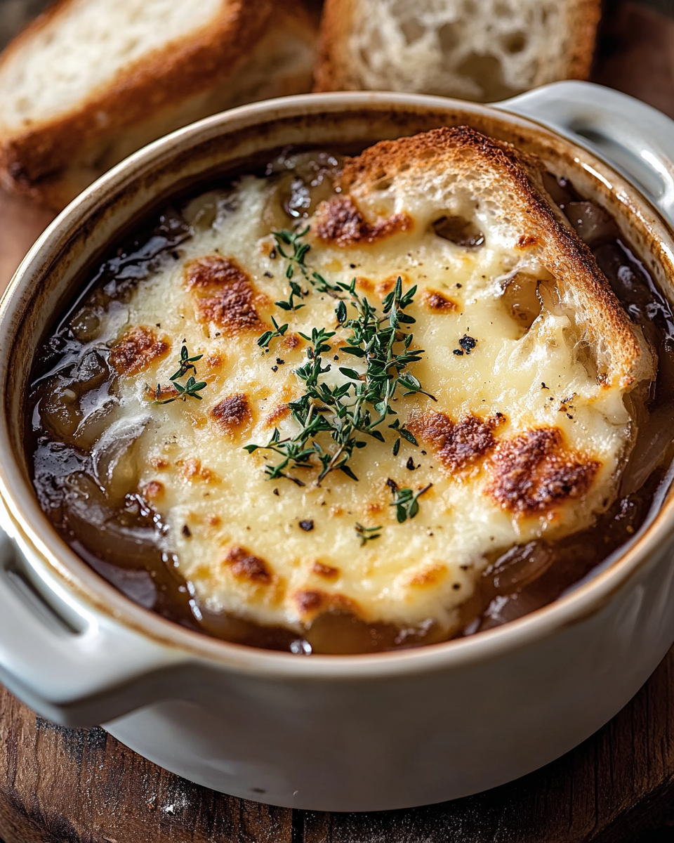 Rustic French Onion Soup with Cheesy Bread Topping: A Comforting Classic with a Gourmet Twist