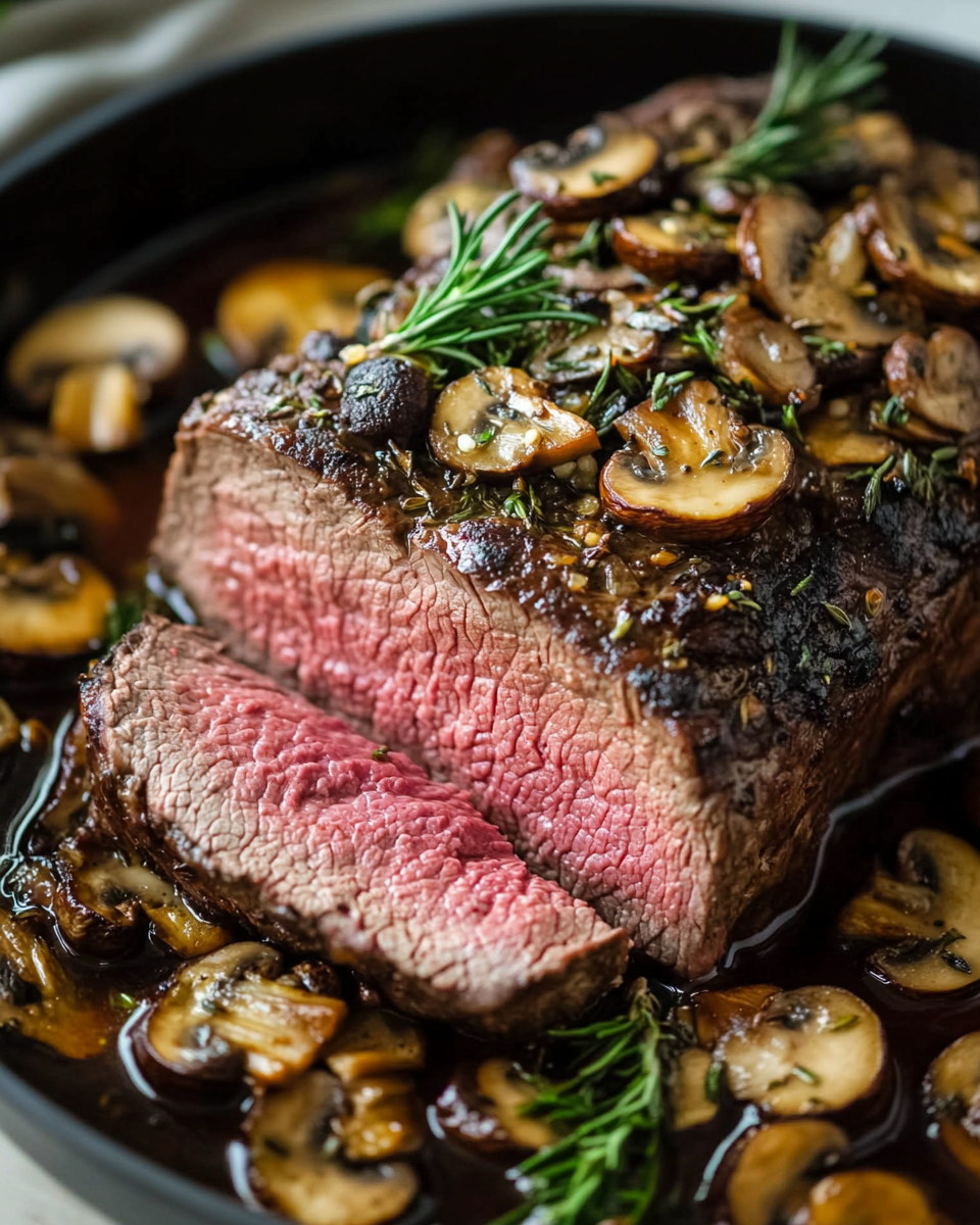 Perfectly Seared Rib Eye Roast with Garlic Rosemary Mushrooms