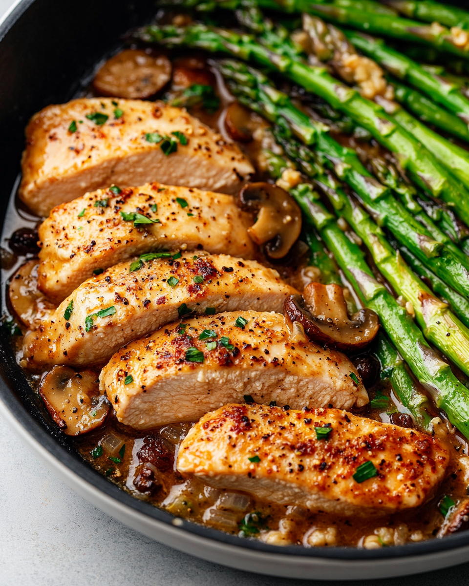Chicken with Mushrooms and Asparagus in a Creamy Garlic Sauce