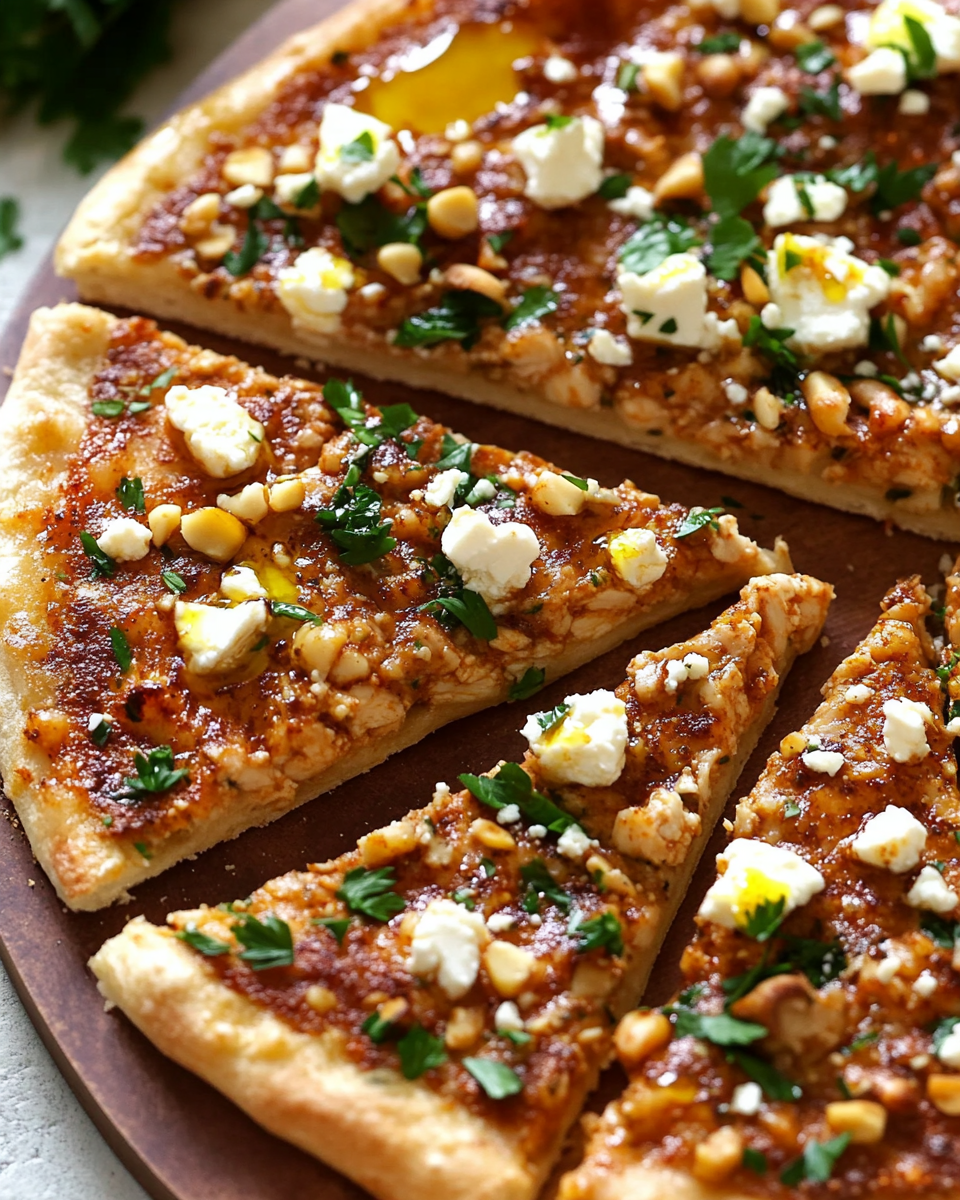Spiced Chicken Flatbread with Feta and Pine Nuts