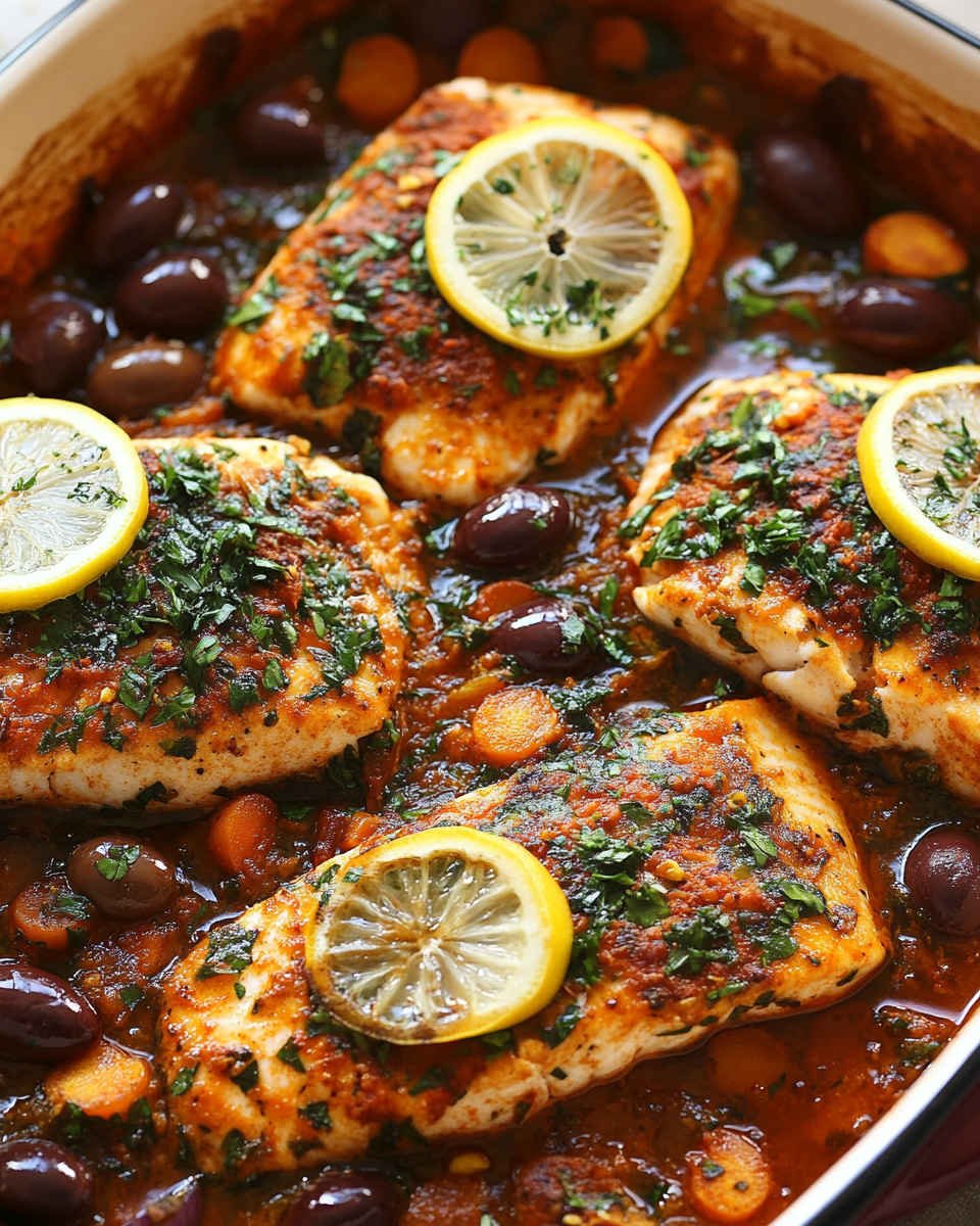 Mediterranean Baked Fish with Tomato & Olive Sauce