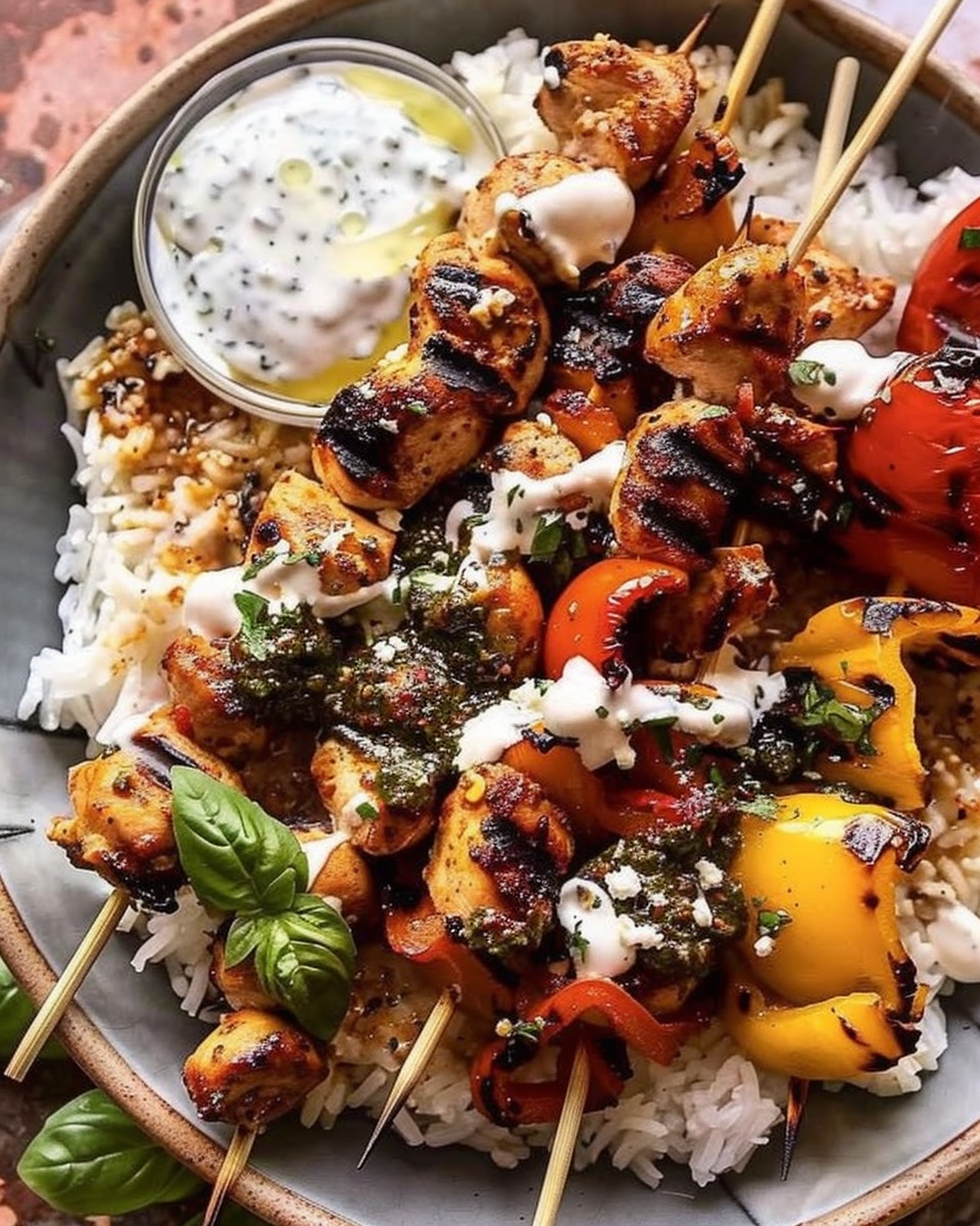 Chicken Skewers and Charred Peppers with a Herbaceous Vinaigrette: A Flavorful and Fresh Feast