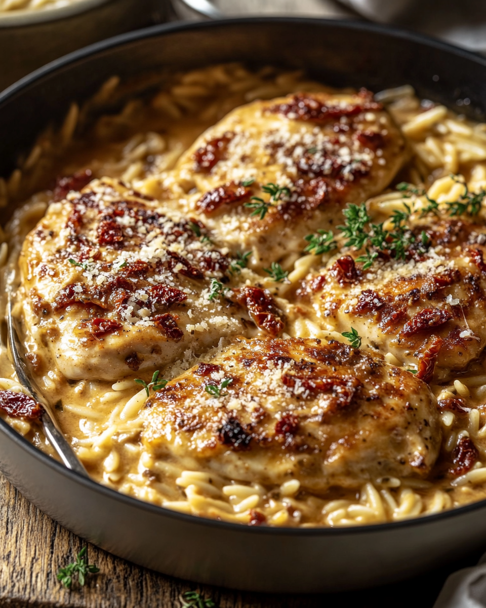 Creamy Sun-Dried Tomato Chicken and Orzo Bake: A Comforting Dinner Delight