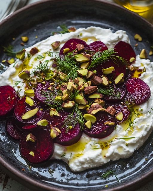 Creamy Whipped Feta with Marinated Beets and Crunchy Pistachios