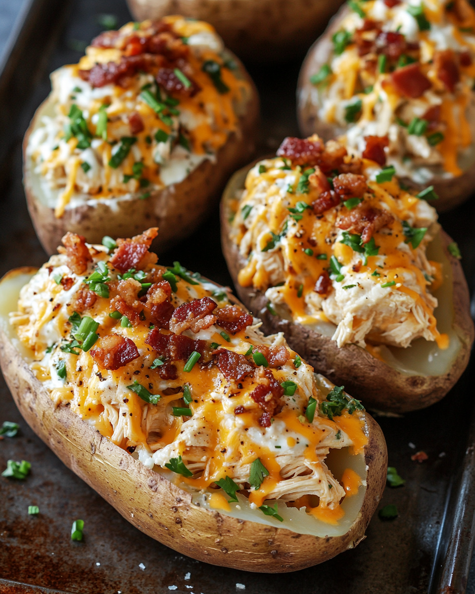 Loaded Baked Potatoes with Shredded Chicken and Bacon: A Comforting, Flavor-Packed Meal