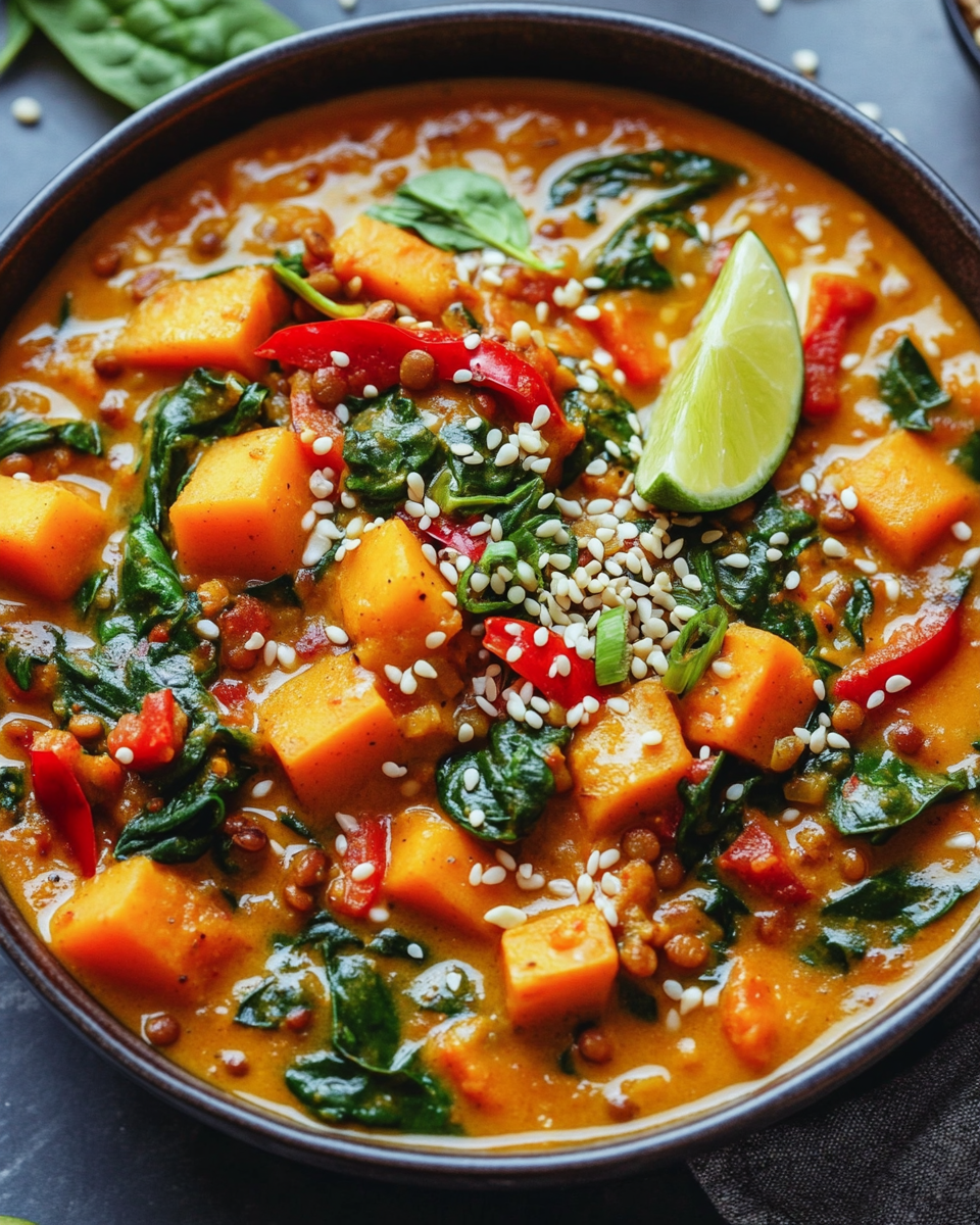 Creamy Coconut Red Lentil Curry with Sweet Potato and Spinach – A Hearty and Flavorful Vegan Delight