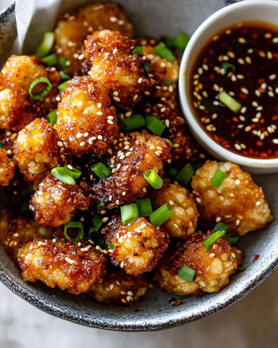 Crispy Air-Fried Cauliflower with Spicy Sesame Sauce – A Flavorful Plant-Based Delight
