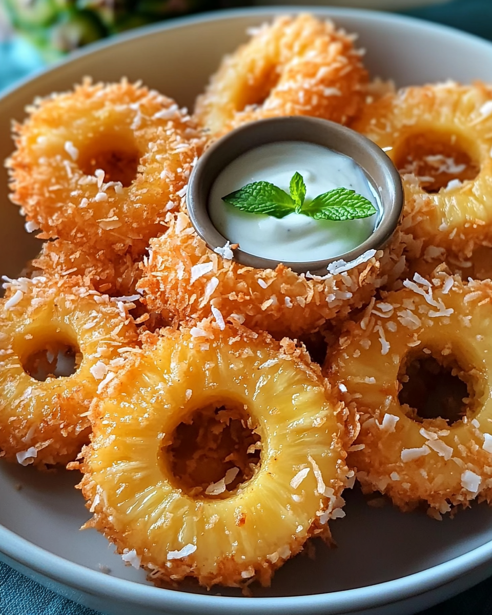 Crispy Fried Pineapple Rings with Creamy Coconut Dipping Sauce: A Tropical Delight You Can’t Resist
