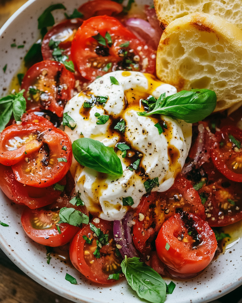 Marinated Tomato and Burrata Salad with Balsamic Glaze: A Fresh, Flavorful Delight