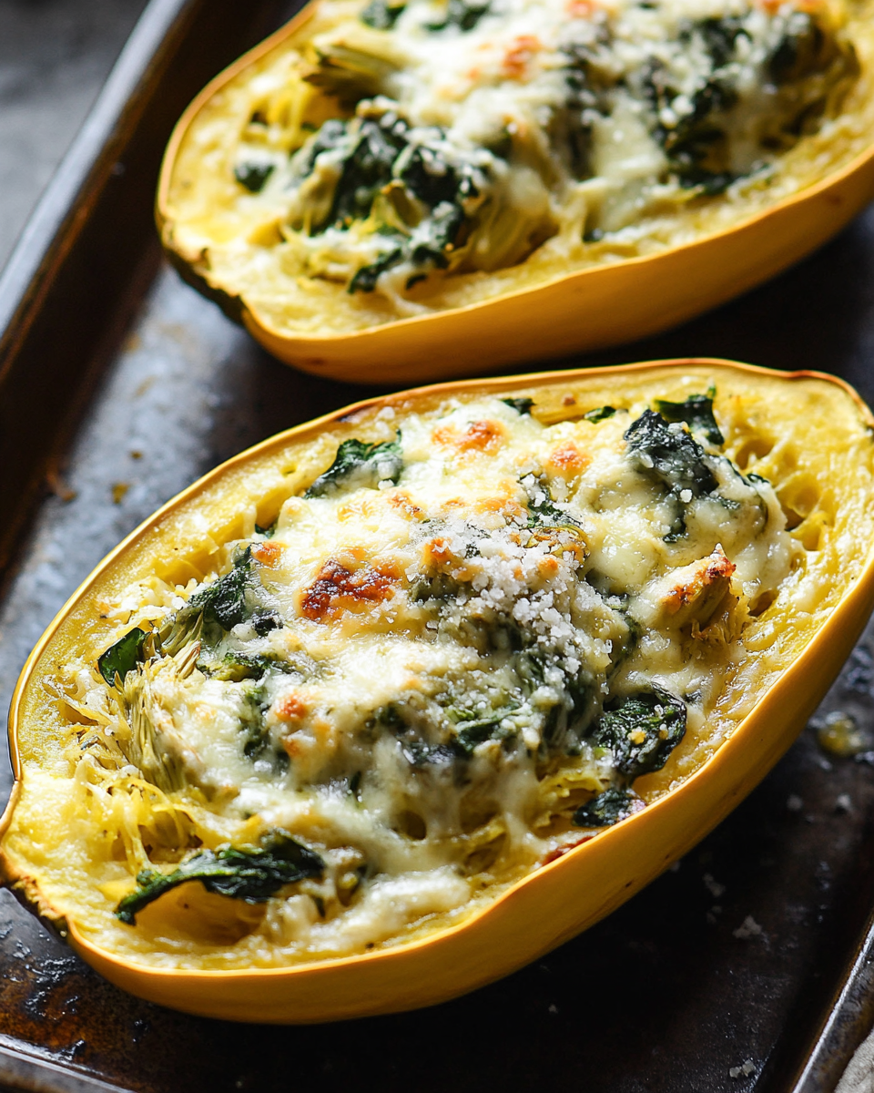 Baked Spaghetti Squash with Spinach and Artichoke Filling – A Creamy, Low-Carb Delight