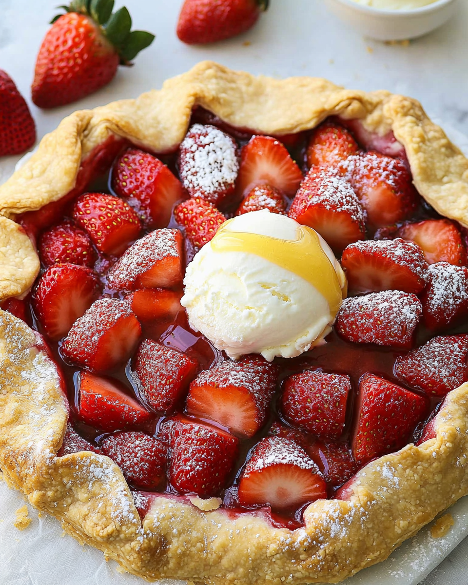 Fresh Strawberry Galette with Honey Drizzle and Ice Cream