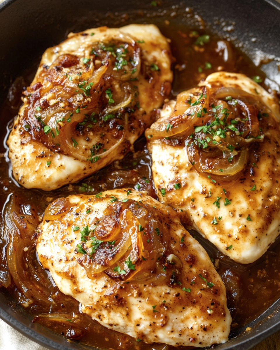 Chicken with Caramelized Onion Sauce and Melty Cheese: A Comforting, Flavorful Delight