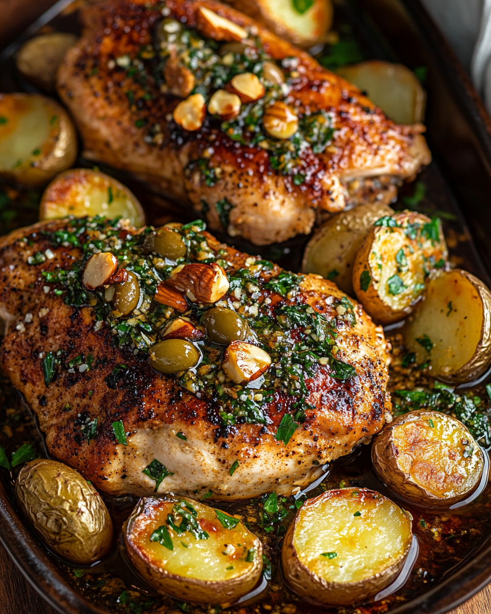 Paprika Chicken with Olive Walnut Vinaigrette and Garlic Parmesan Roasted Potatoes: A Flavorful Feast for All Occasions