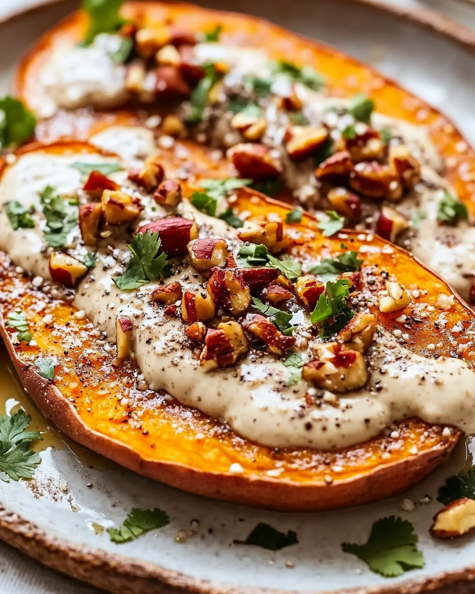 Sweet Potato Steaks with Whipped Tahini Yogurt Sauce and Toasted Pecans: A Flavorful, Nourishing Delight