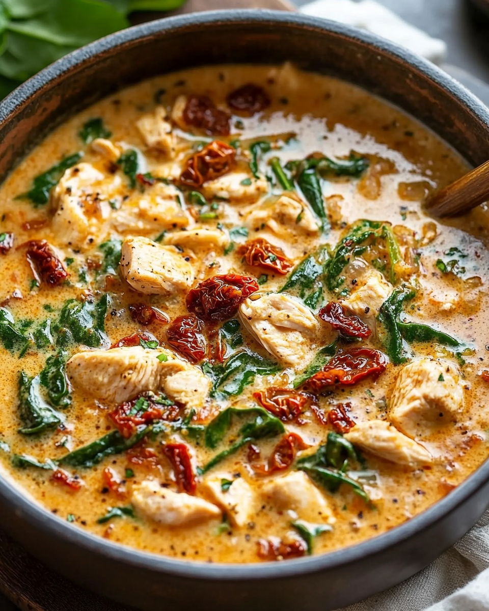 Creamy Chicken and Spinach Soup with Sun-Dried Tomatoes: A Hearty, Flavorful Dish for Every Season