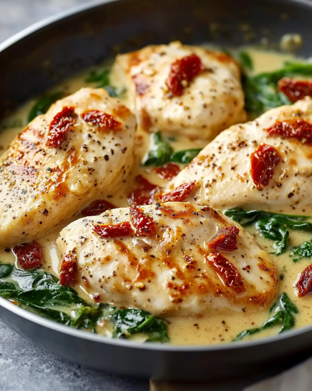 Creamy Garlic Chicken with Spinach and Sun-Dried Tomatoes: A Simple Yet Delicious Comfort Meal