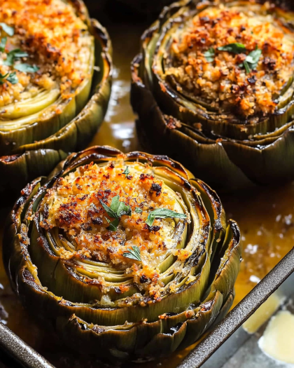 Easy Stuffed Artichokes with Garlic Breadcrumbs and Lemon Butter Sauce