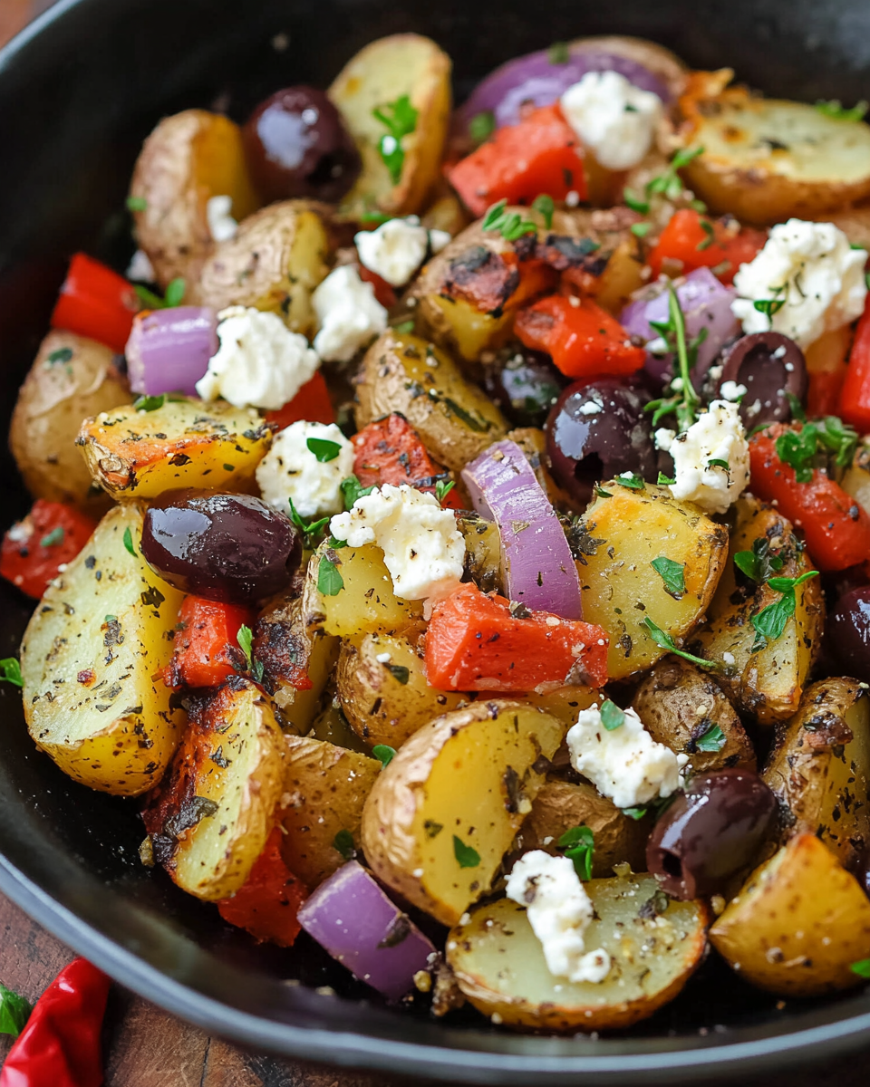 Roasted Herb Potatoes with Feta, Olives, and Red Peppers – A Mediterranean-Inspired Side Dish You’ll Love