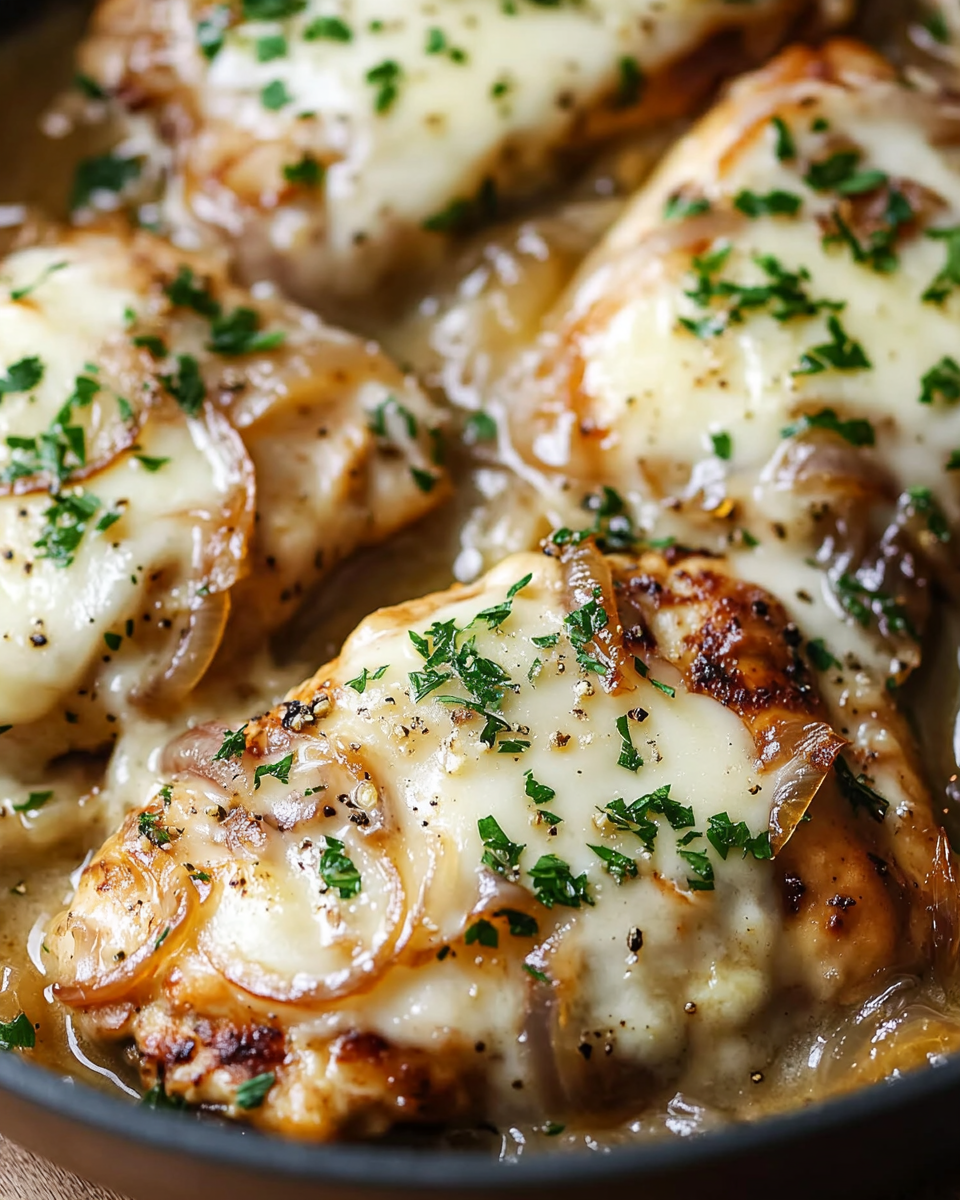 Cheesy Chicken with Caramelized Onions and Herbs – A Flavorful Weeknight Dinner
