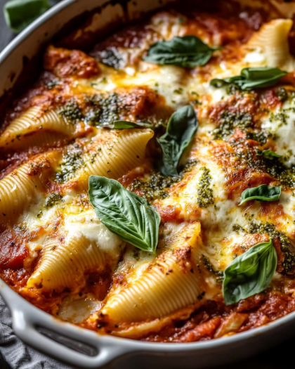 Baked Jumbo Shells with Tomato Pesto Sauce and Cheesy Ricotta Filling: A Flavorful Delight