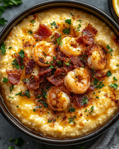 Shrimp and Grits with Crispy Bacon and Cheddar: A Comforting Southern Delight