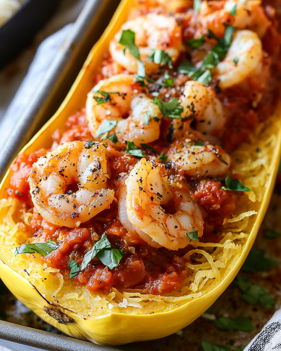 Easy Shrimp and Spaghetti Squash with Garlic Herb Marinara – A Healthy, Flavorful, Low-Carb Delight