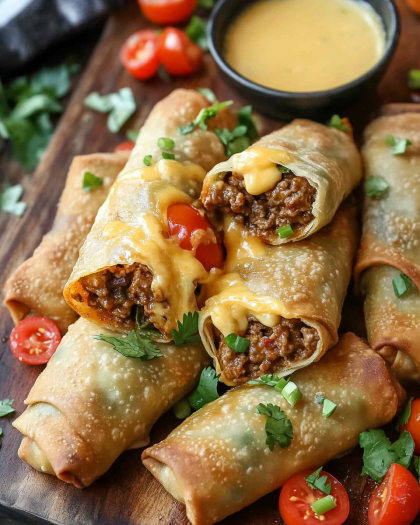 Crispy Beef Taco Egg Rolls with Cheddar Beer Cheese Sauce: The Ultimate Party Snack