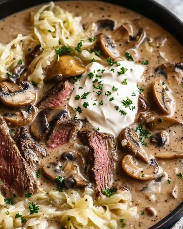 Easy Flank Steak and Mushroom Soup with Sour Cream & Cabbage Noodles: A Hearty, Low-Carb Comfort Dish