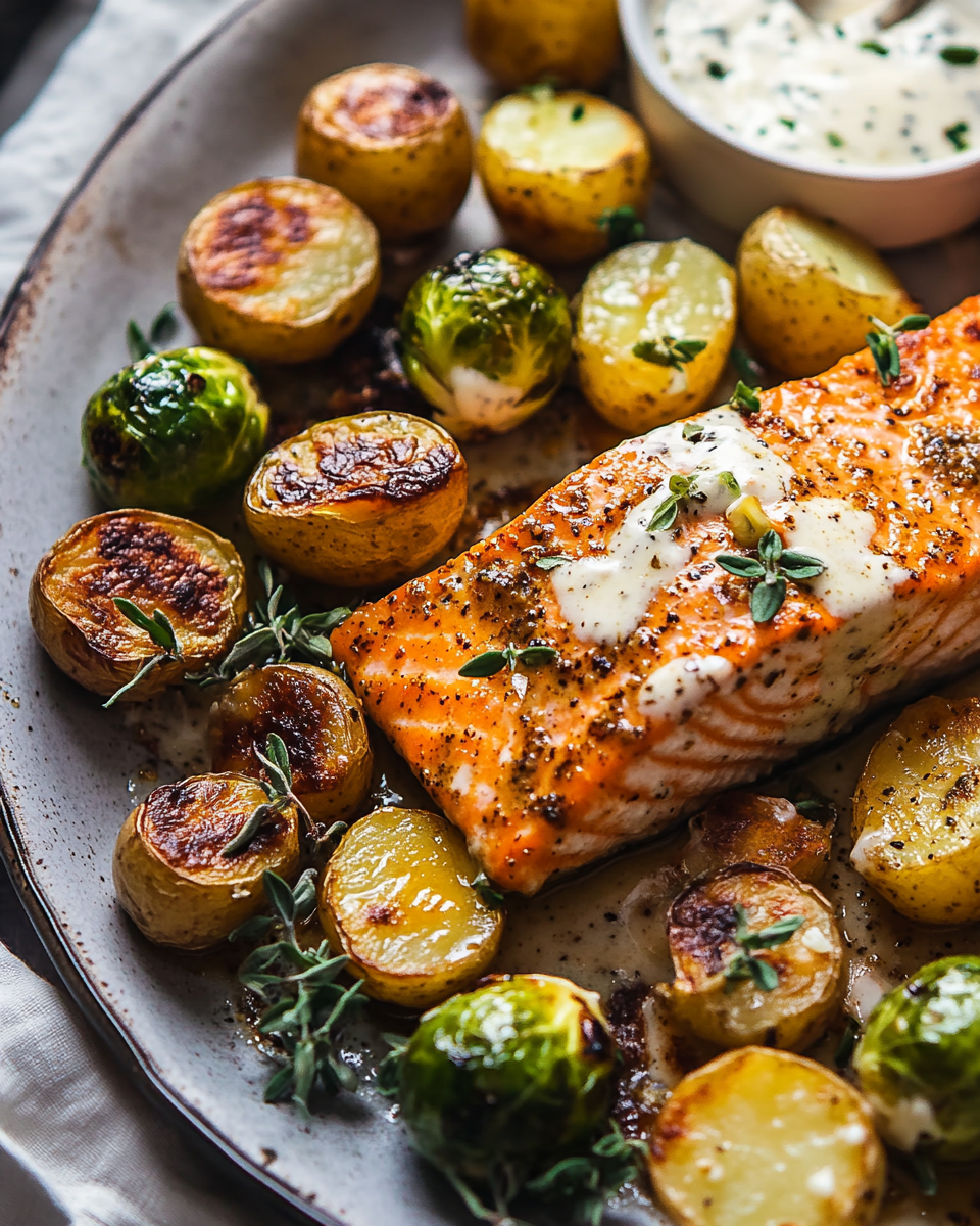 Roasted Salmon and Veggies with Creamy Caesar Dressing – A Flavorful and Healthy Dinner Delight