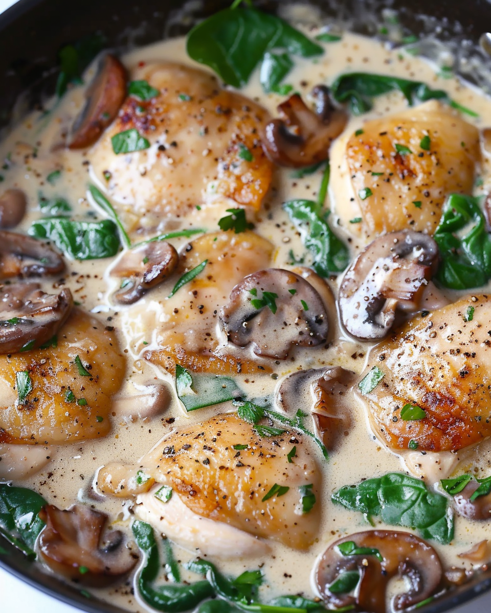 Creamy Chicken Mushroom with Garlic, Parmesan, and Spinach: A Comforting Delight