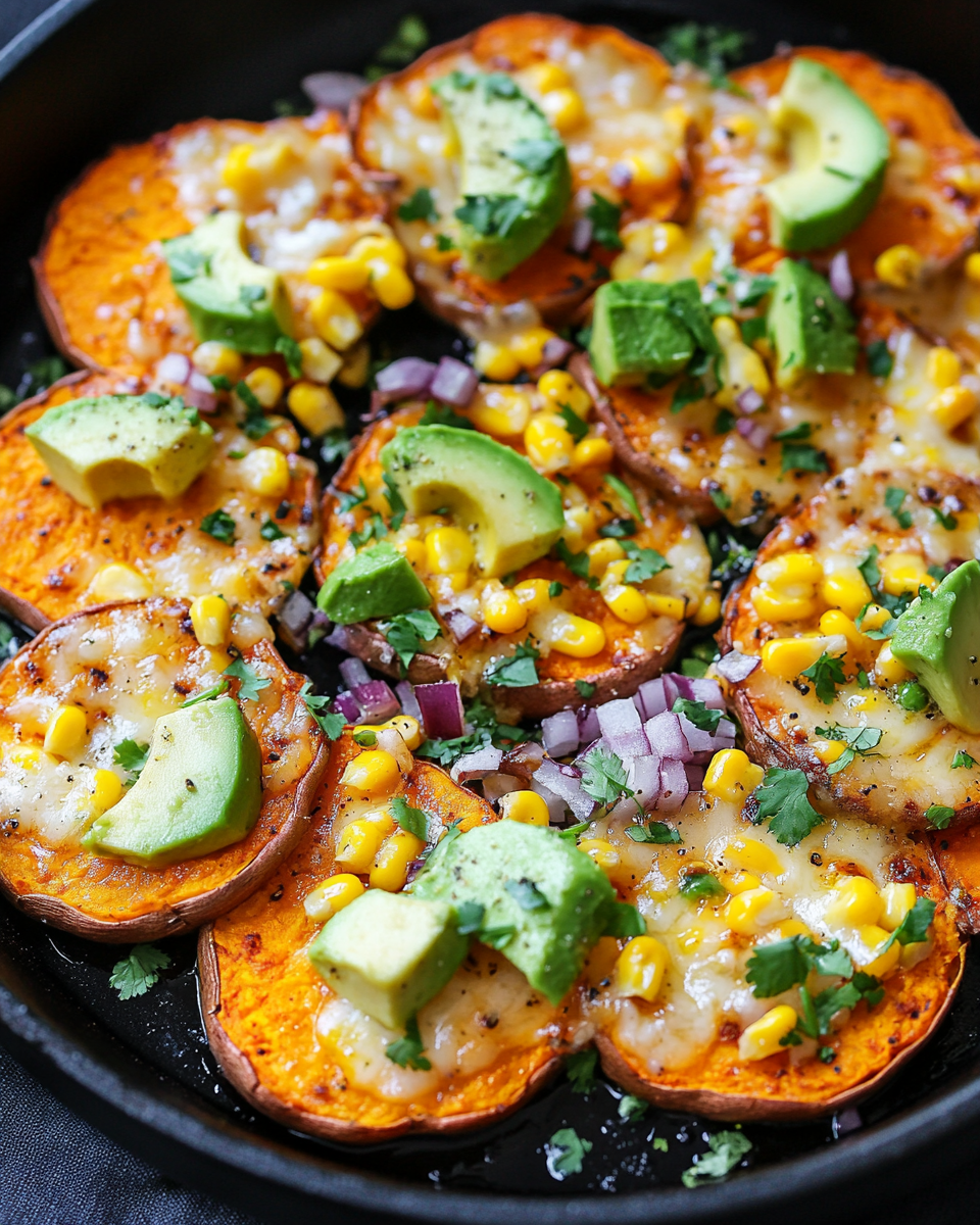 Baked Sweet Potato Rounds with Corn, Cheese, and Fresh Toppings: A Flavorful Vegetarian Delight