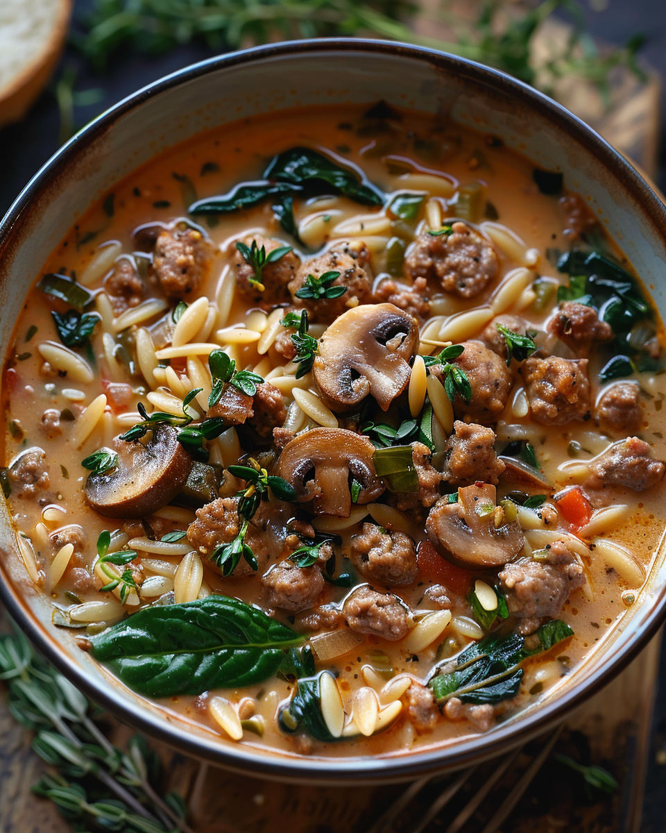 Hearty Sausage, Mushroom, and Spinach Orzo Soup – A Comforting and Flavorful Meal