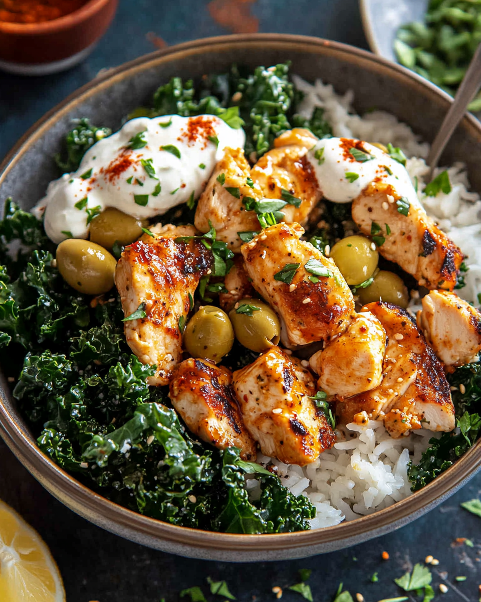 Mediterranean Chicken & Kale Bowl with Tahini Feta Sauce: A Wholesome, Flavorful Meal You’ll Love