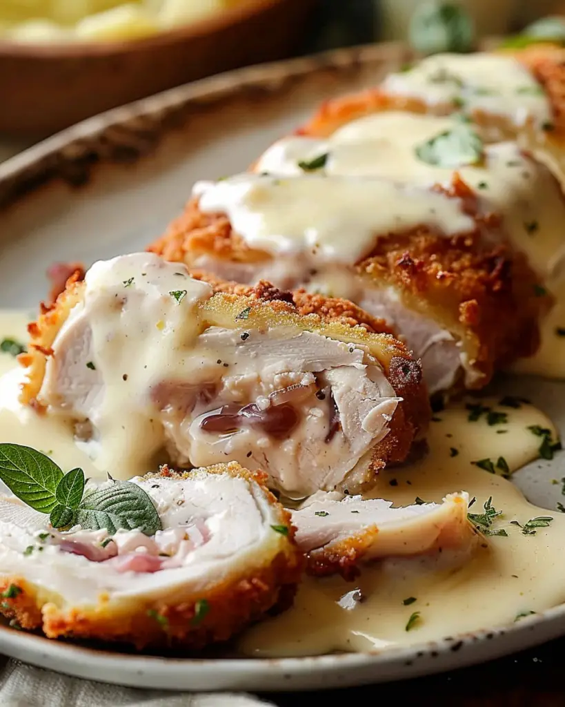 Air Fryer Chicken Cordon Bleu with Swiss Cheese Sauce – A Crispy, Cheesy Delight for Your Dinner Table