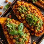 Elegant Roasted Sweet Potatoes with Chickpeas and Broccoli Pesto: A Wholesome and Flavorful Delight