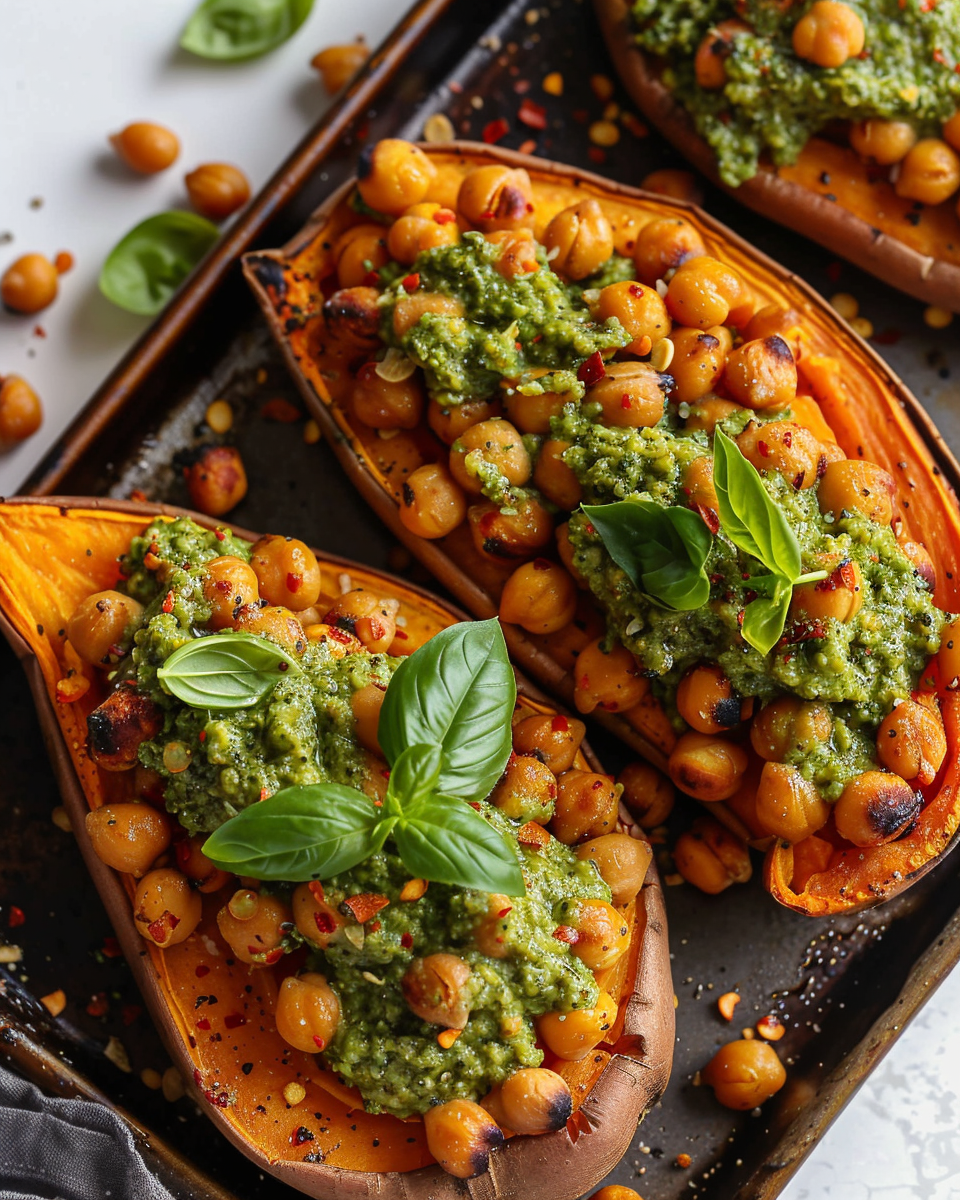Elegant Roasted Sweet Potatoes with Chickpeas and Broccoli Pesto: A Wholesome and Flavorful Delight