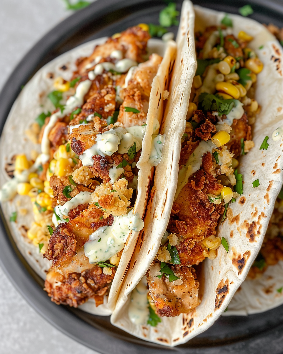 Golden Buttermilk Chicken Tacos with Charred Corn Elote: A Crispy, Creamy Street-Style Fiesta in Every Bite