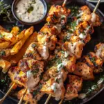 Tzatziki Chicken Skewers and Crispy Herb Feta Fries: A Flavorful, Mediterranean-Inspired Meal