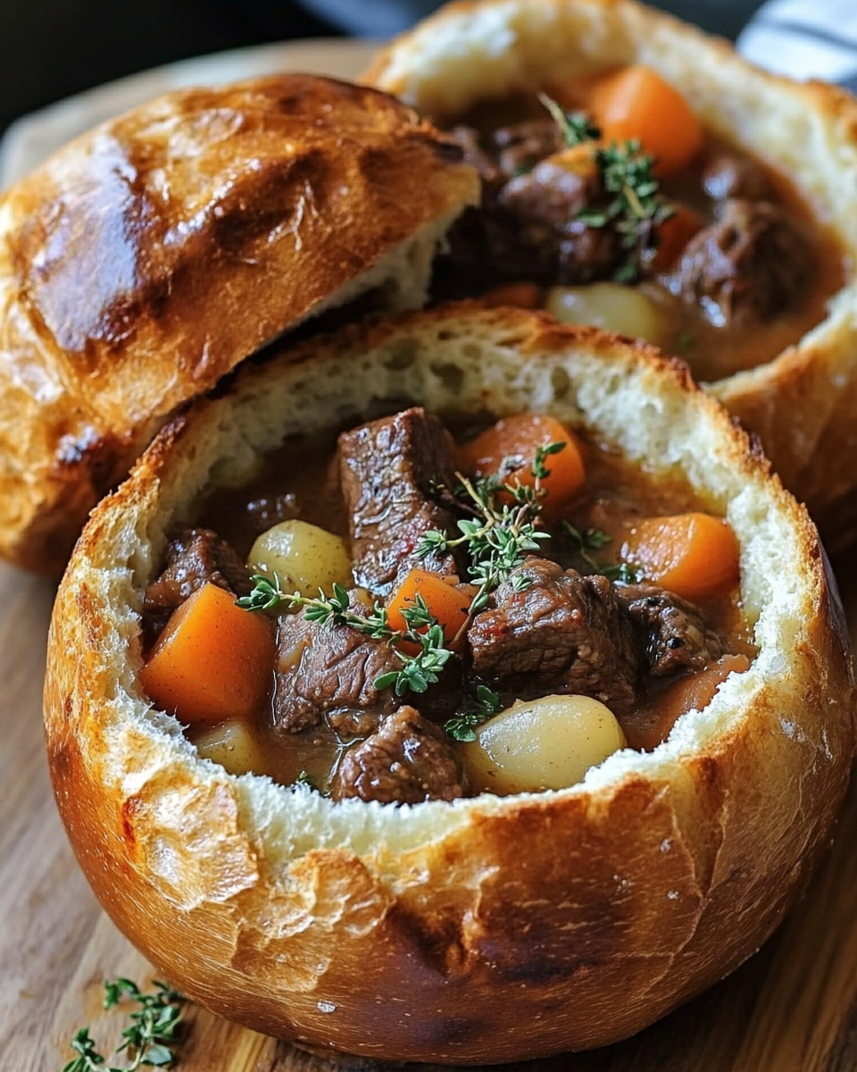 Hearty Beef Stew in Bread Bowls: A Comforting, Flavorful Meal