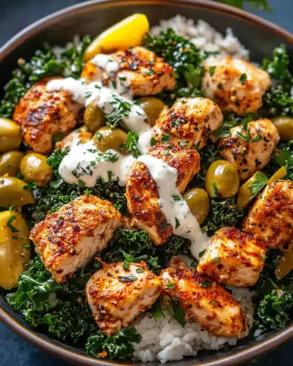 Mediterranean Chicken Bowls with Kale and Creamy Feta Tahini Sauce: Your Go-To Healthy Comfort Meal