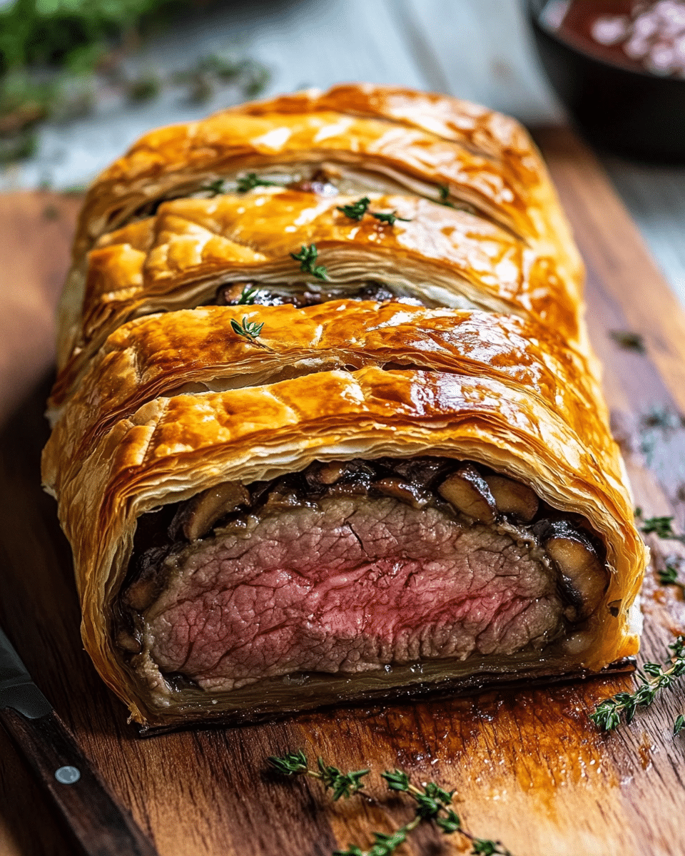 Classic Beef Wellington Wrapped in Puff Pastry with Savory Mushroom Duxelles