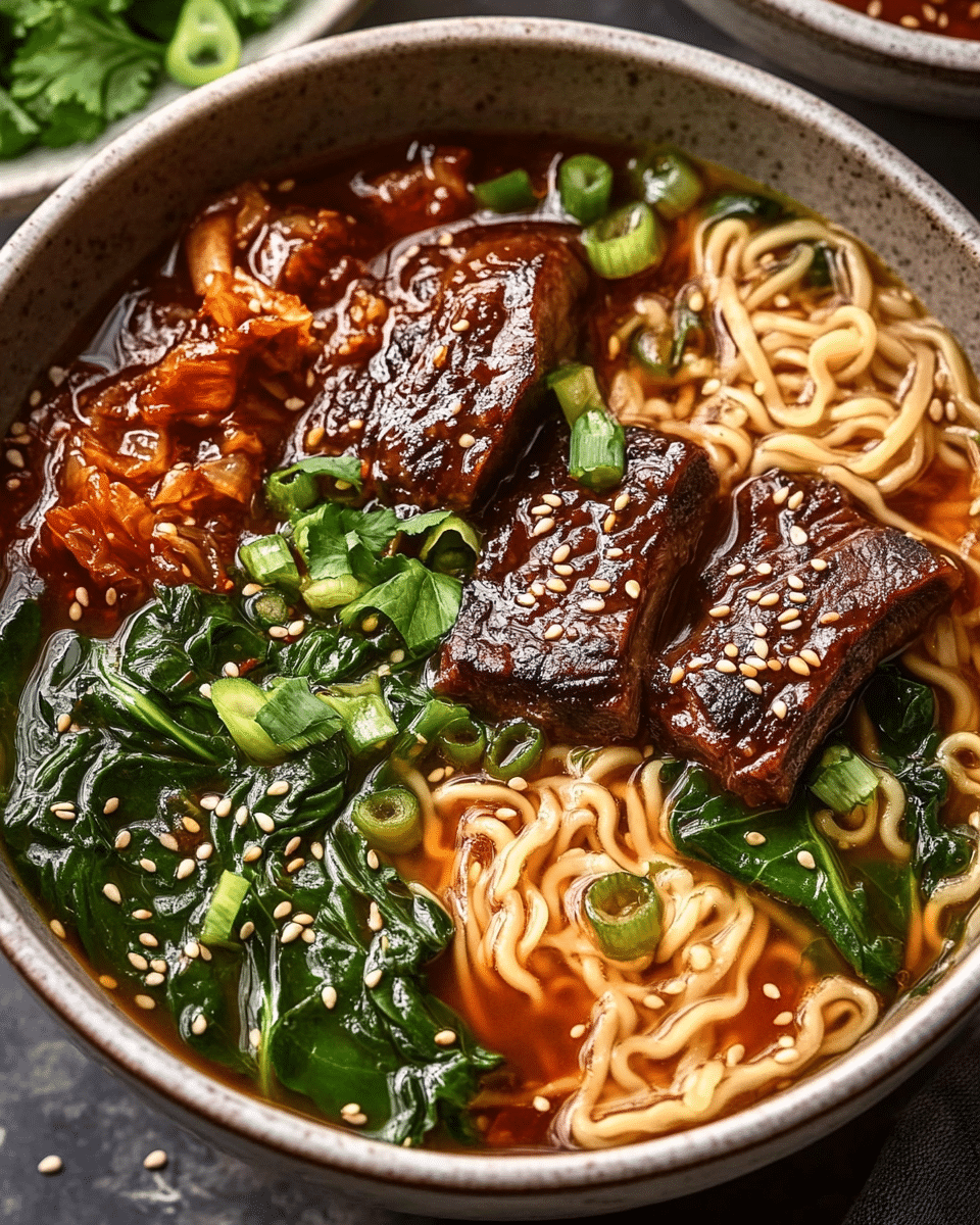 Slow-Cooked Short Ribs with Noodles and Spinach — A Comforting Bowl of Flavor