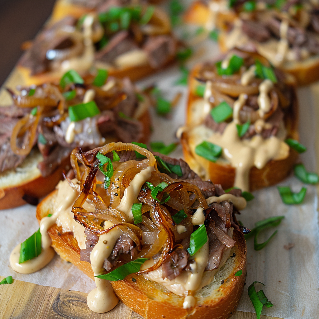 Beef Crostini with Caramelized Onions and Horseradish Aioli – A Flavor Explosion in Every Bite