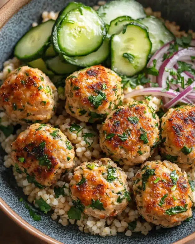Juicy Chicken Meatballs with Lemon Dill Couscous & Crisp Cucumber Salad