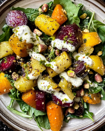 Roasted Root Vegetable Salad with Creamy Pistachio Dressing