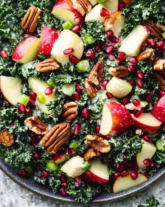 Fall Harvest Kale Salad with Apple, Pomegranate, and Creamy Tahini Dressing