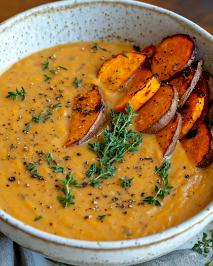 Creamy Roasted Sweet Potato Soup with Herb Garnishes: A Comforting Bowl of Autumn Warmth