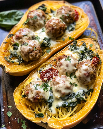 Spaghetti Squash with Chicken Meatballs, Spinach, and Provolone: Your New Favorite Low-Carb Comfort Meal